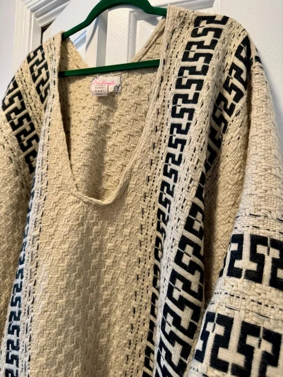 Free People Cream/Beige and Black Loose Fit Knit Fringe Poncho - Picture 3 of 6